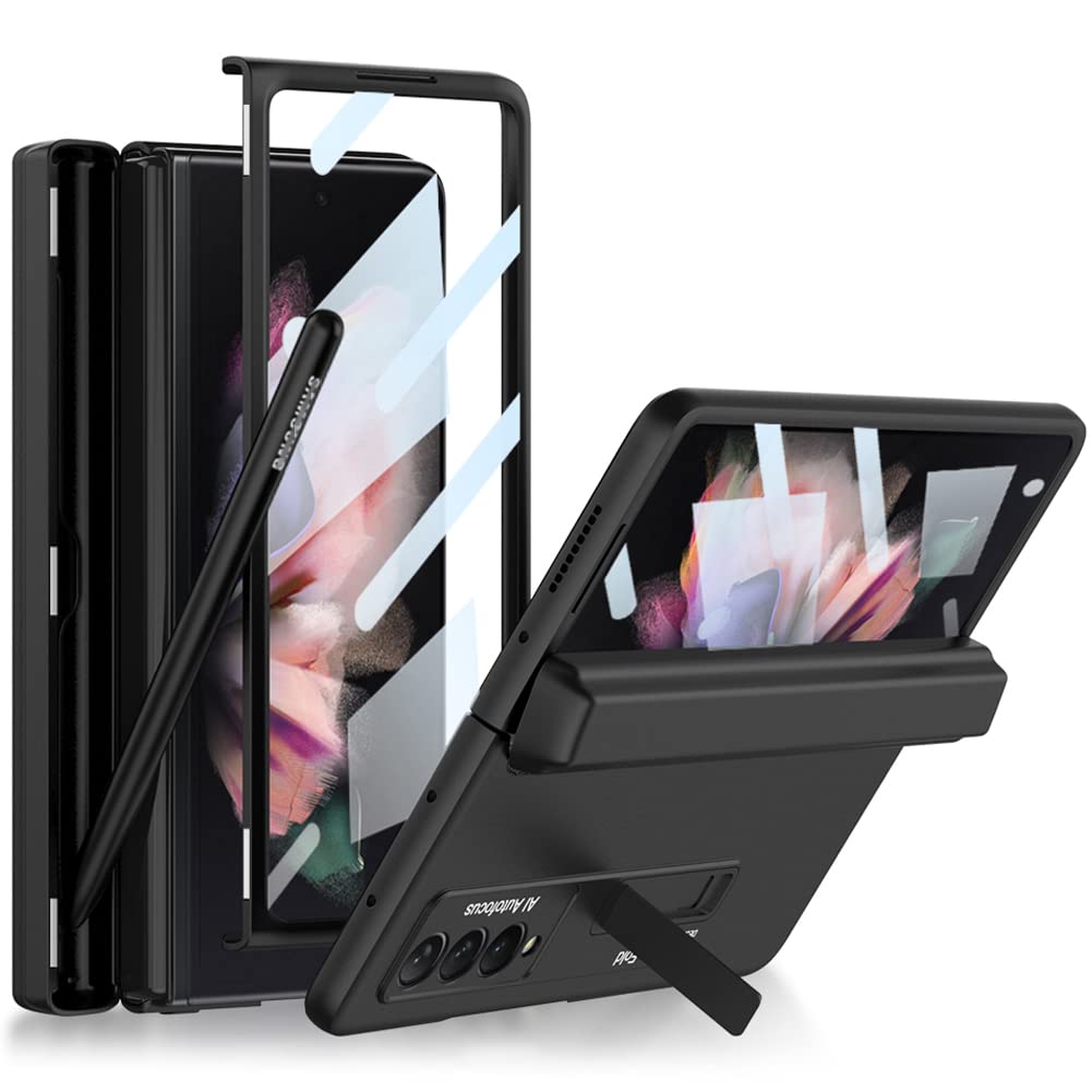 Galaxy Z Fold 3 ケース Sペン收纳 Samsung ギャラクシーZ フォールド3 5G SC-55B / SCG11 用 カバー ガラスフィルム付き Uovon スマホケース ヒンジ保護 fold3 携帯ケース スタンド付き 全面保護 軽量 薄型 · ブラック