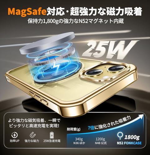 【両面保護・MagSafe対応】FONKCASE iPhone14 用 ケース ストラップホール付き【本体の色・CDリング】メッキバンパー クリア PC背面 黄変防止 アイホン14ケース 全面保護 カバー 耐衝撃 タッチ感度良い ワイヤレス充電対応 人気 アイフォン14 用 カバー 6.1インチ（ゴールド）