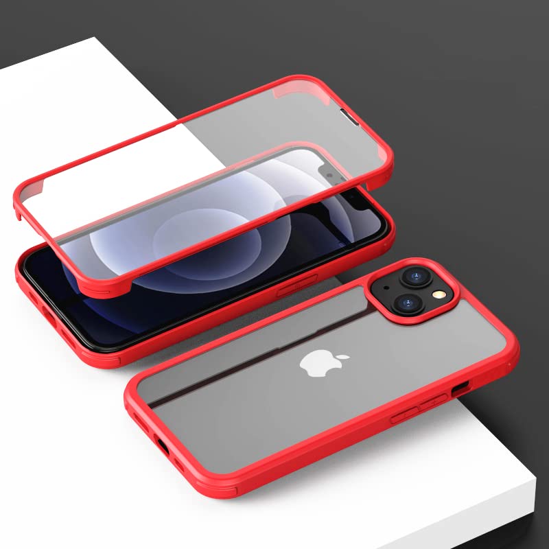 MQman iPhone13 ケース 前面ガラス+背面ガラス 360°全面保護 100％画面タッチ感度 耐衝撃 強化ガラス フロント+バックプレート 軽量 ワイヤレス充電対応 前後 両面 カバー (iphone13用, 真っ赤)