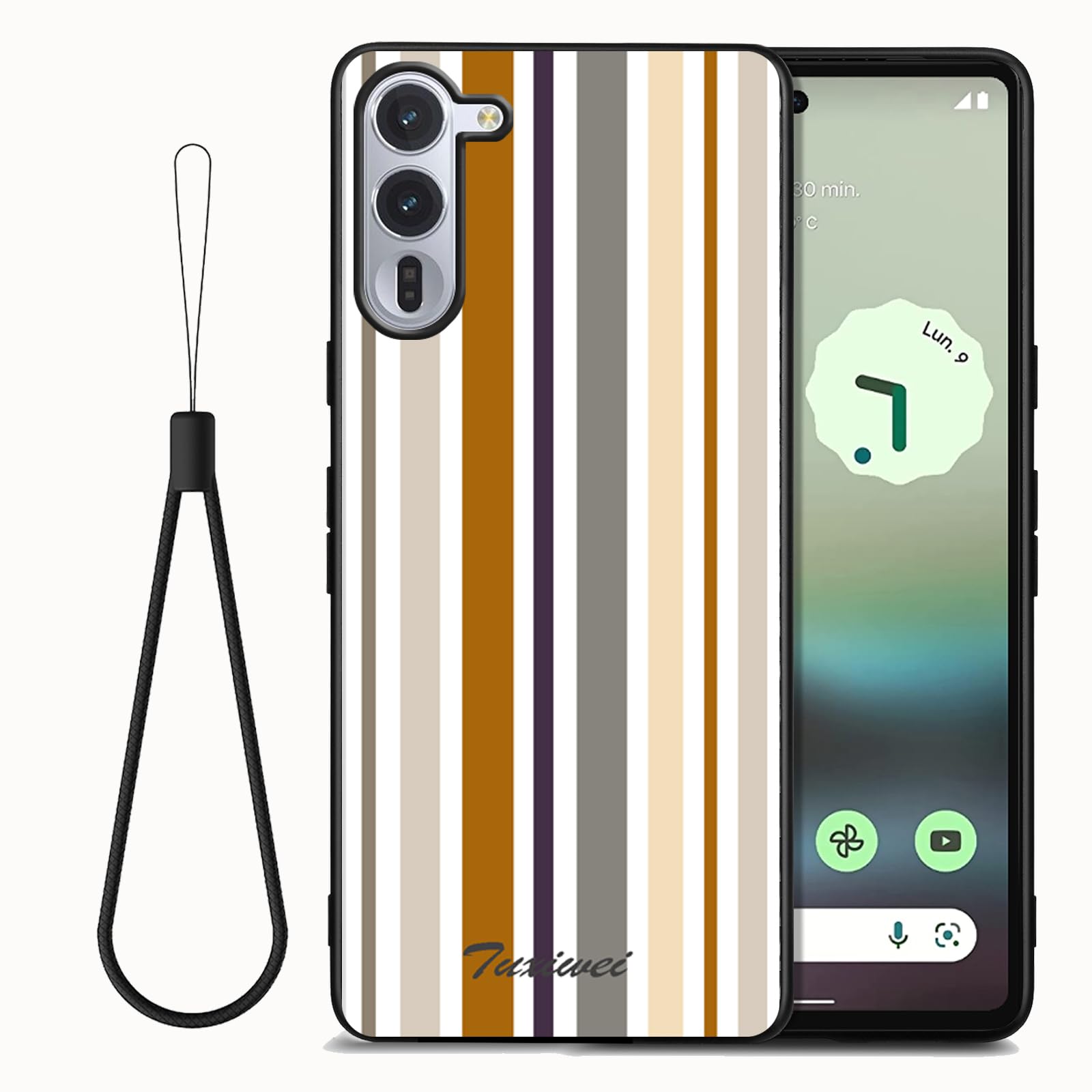 Tuxiwei対応 Arrows Alpha F-51F/アローズ Alpha 用 ケース カバー シリコン シンプルでおしゃれなブラウン系のストライプ柄です+ 黒いTPUバンパー + ショート ストラップ 携帯ストラップ ソフト TPU シリコン 耐衝撃 滑り止め F-51 スマホケース ストラップホール付き 傷付き防止 超軽量 マット質感 指紋防止 レンズ保護
