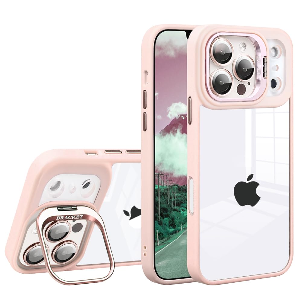 JOOBOY スマホケース 対応 iPhone 17 Pro クリアケース 透明 レンズスタンド付き スタンド機能 レンズカバー付き PC背面+TPUバンパー おしゃれ 耐衝撃 ストラップホール付き アイフォン17プロ 携帯電話ケース (ピンク, 17 Pro)