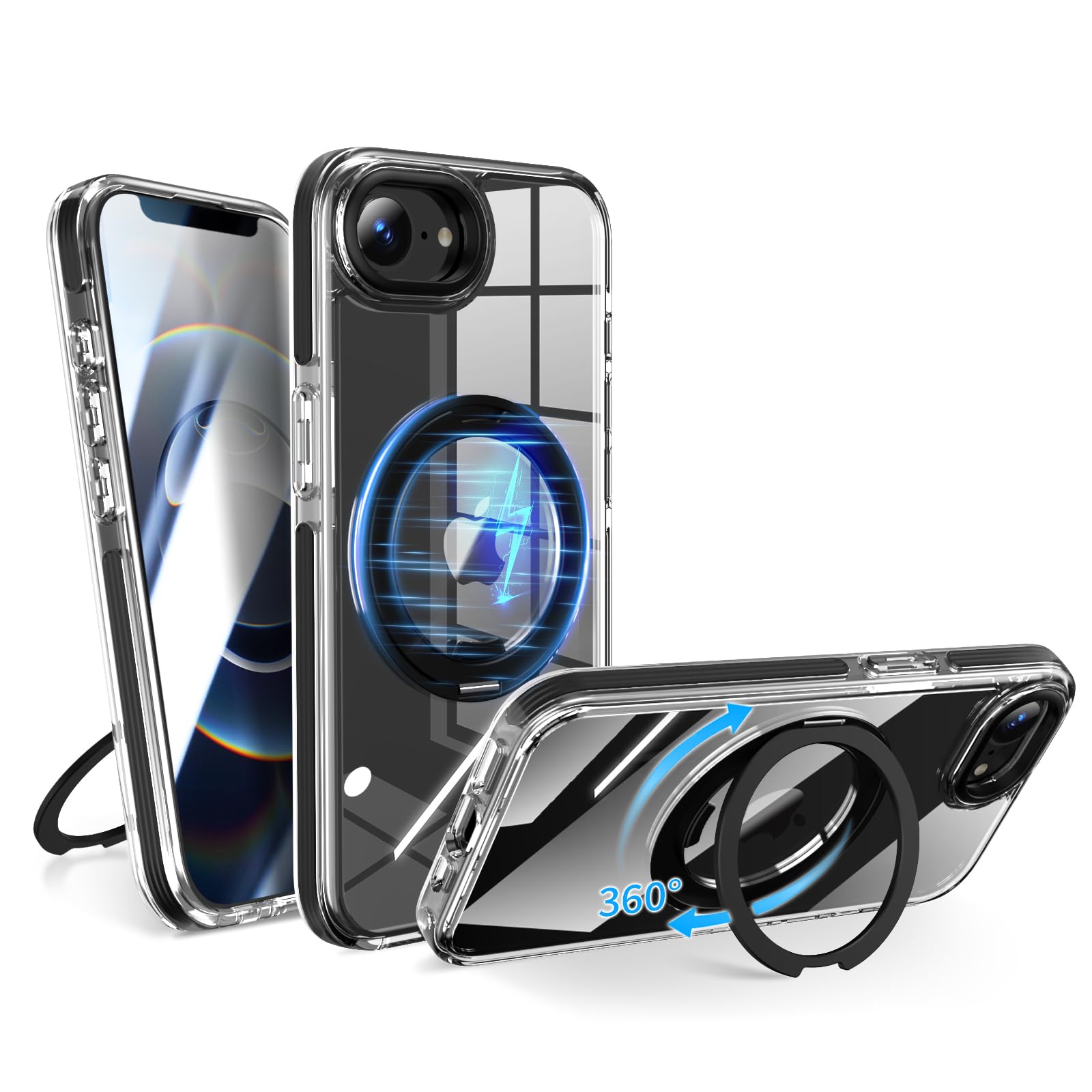 【極々透明感・多機能360度回転スタンド】KWATUNG iphone 15 用ケース クリア MagSafe対応 リングマグネット搭載 アイフォン15 用ケース 横縦両立 角度調整 いphone15 用スマホケース 米軍MIL規格 耐衝撃 高耐久性 アイホン15用スマホケース 指紋防止 透明 黄変防止 両眼 6.1インチ ブラック