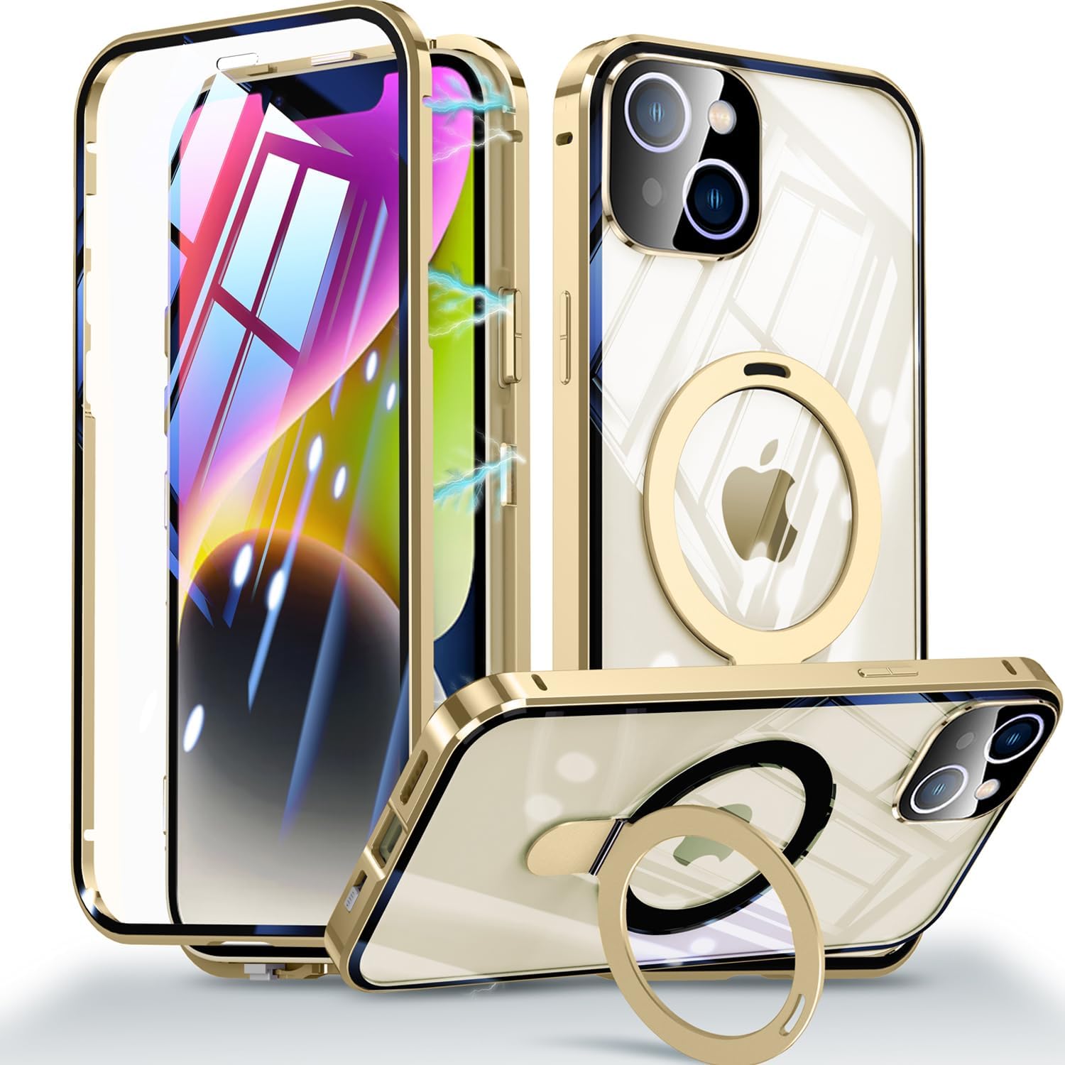 OURJOY iPhone 15 用 ケース 【両面保護+MagSafe対応+ロック式+多機能一体スタンド】 ガラスケース クリア 360°全面保護 アイフォン15 スマホケース アルミバンパー フルカバー カメラレンズ保護 ワイアレス充電 携帯ケース・ゴールド