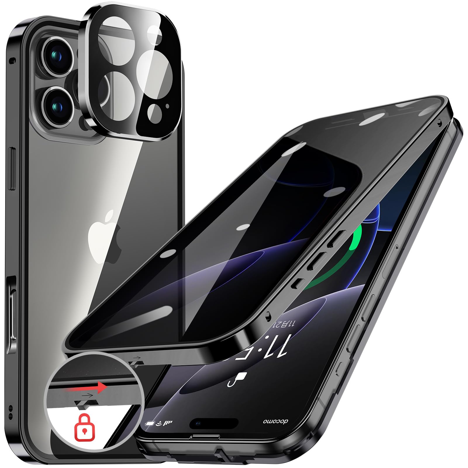 HGUTREY【覗き見防止・自動ポップアップボタン】 iPhone16 Pro Max 用 ケース 【ロック付き】【ストラップホール付き】一体型レンズ保護 両面9H強化ガラス iPhone16プロマックスケース 耐衝撃 アルミ バンパー メタルフレーム スマホケース 薄型 背面クリア 高感度タッチ 軽量 ワイヤレス充電対応 アイフォン16 Pro Max 用 カバー 6.9インチ（ブラック）