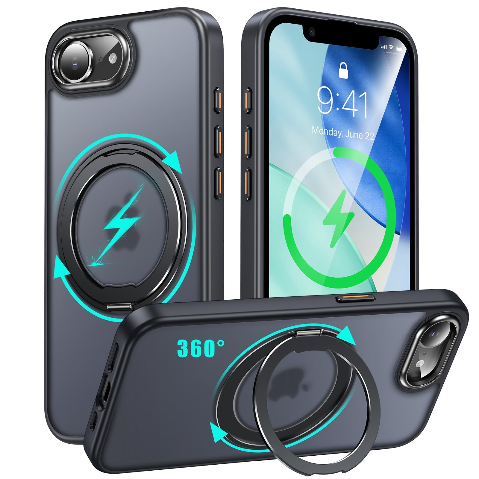 iPhone 16e 用 ケース Magsafe対応 360°回転スタンド アイフォン16e カバー リング マグネット搭載 ワイヤレス充電 縦横多角度 対応 Uovon アイホン16e スマホケース 車載ホルダー ストラップ穴付き マット 半透明 指紋防止 黄変防止 米軍MIL規格 ・ ブラック