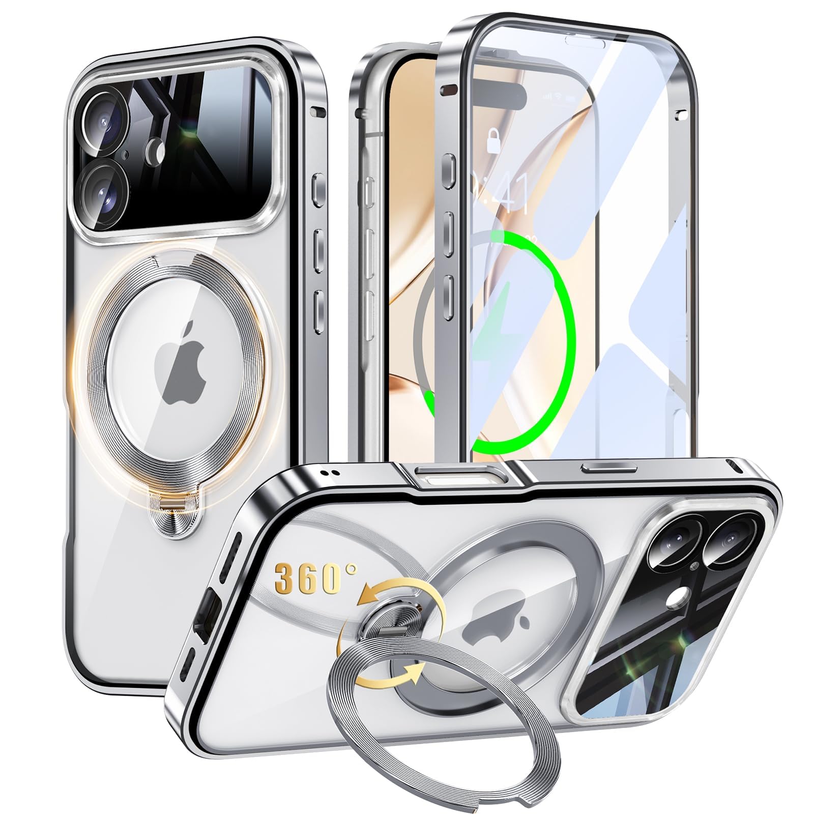 iPhone 17 用 両面 MagSafe対応 ケース アイフォン17 フルカバー 【90°確実に自立 × 360°回転】 ゼンマイ式スタンド 縦横多角度 Uovon スマホケース アイホン17 全面保護 カバー ガラス CD紋リングスタンド ワイヤレス充電 車載ホルダー ロック機能 金属ボタン カメラレンズ保護 ・シルバー
