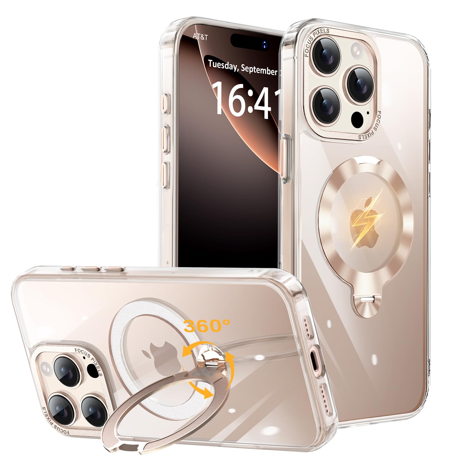 TISTUNST iPhone 15 Pro 用 ケース 透明 CDリング 【多機能 360°回転スタンド】【横縦両立・角度自由調整】搭載MagSafe対応 ワイヤレス充電対応 米軍MIL規格 耐衝撃 防指紋 黄変防止 レンズ保護 三眼 いphone15Pro 用 ケース 6.1インチ （ゴールド）