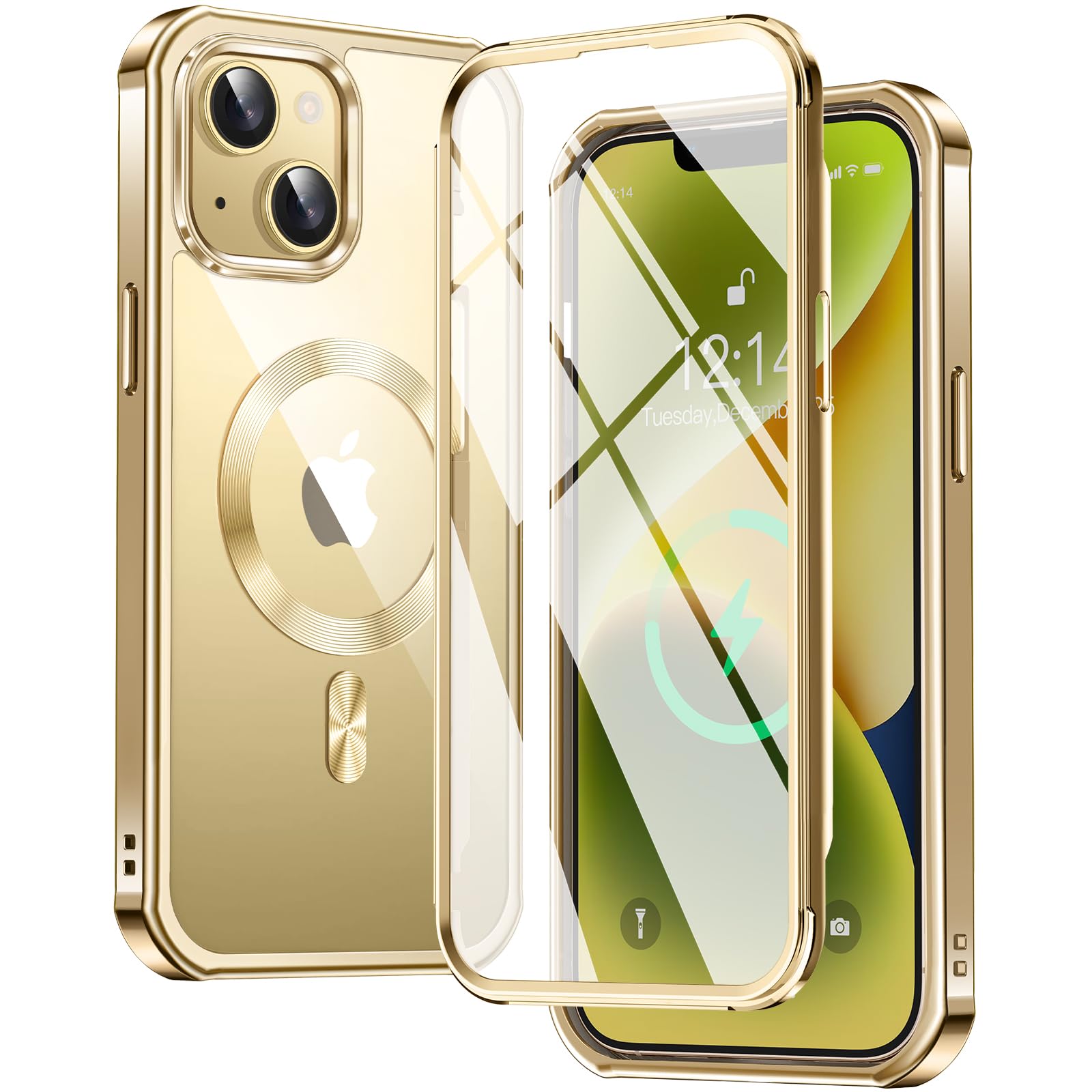 【両面保護・MagSafe対応】FONKCASE iPhone14 用 ケース ストラップホール付き【本体の色・CDリング】メッキバンパー クリア PC背面 黄変防止 アイホン14ケース 全面保護 カバー 耐衝撃 タッチ感度良い ワイヤレス充電対応 人気 アイフォン14 用 カバー 6.1インチ（ゴールド）