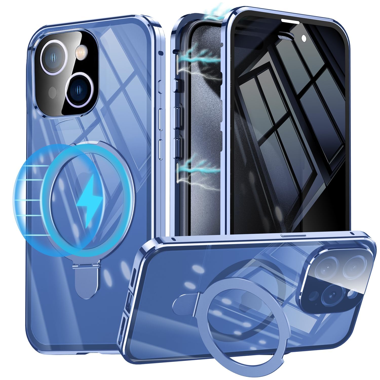 iPhone 15 用 ケース 両面 Magsafe対応 覗き見防止 アイフォン15 ガラスケース のぞき見 360°全面保護 Uovon スマホケース あいほん15 フルカバー 多機能一体スタンド カメラレンズ保護 ロック付き ・ ブルー