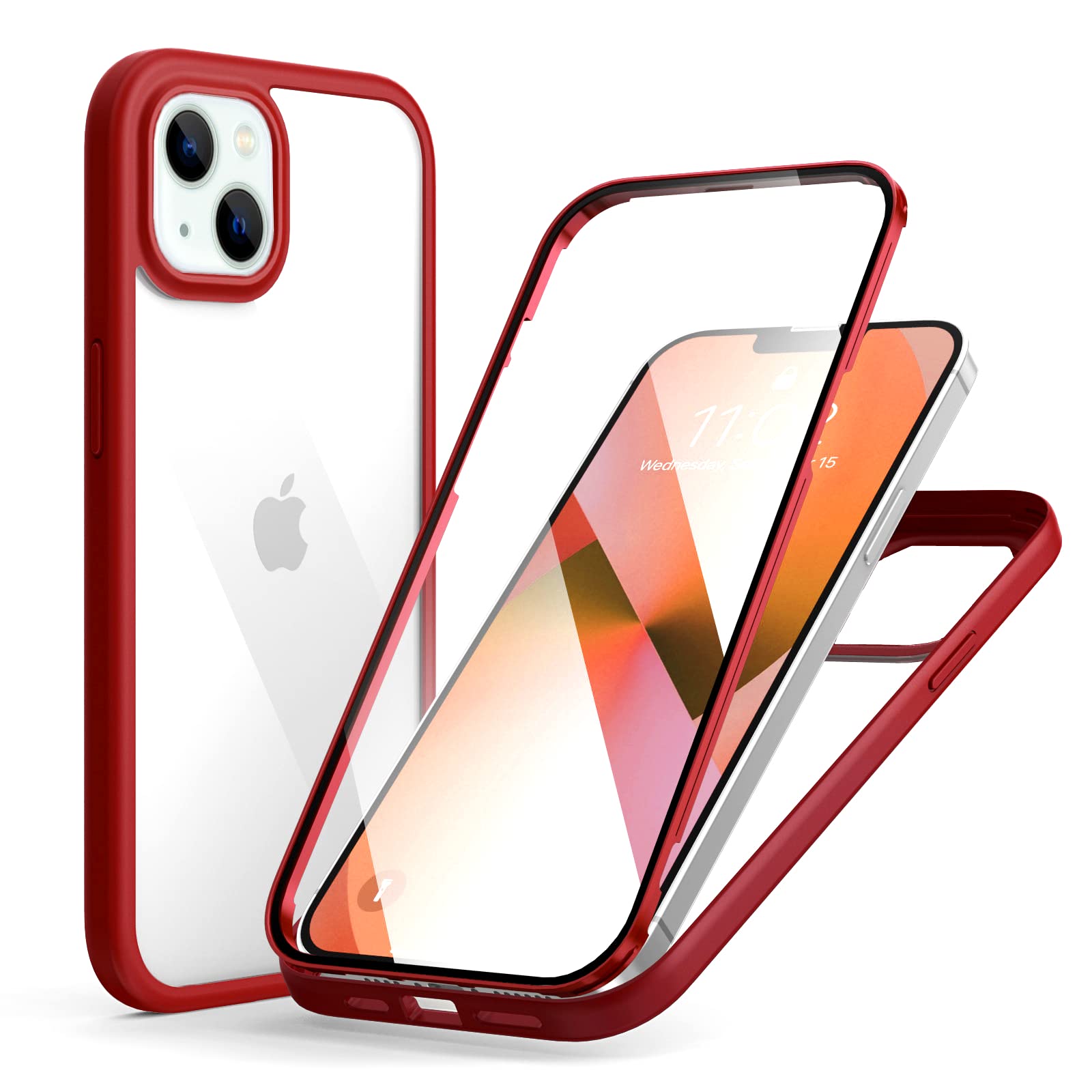 MQman iPhone13 ケース 前面ガラス+背面ガラス 360°全面保護 100％画面タッチ感度 耐衝撃 強化ガラス フロント+バックプレート 軽量 ワイヤレス充電対応 前後 両面 カバー (iphone13用, 真っ赤)