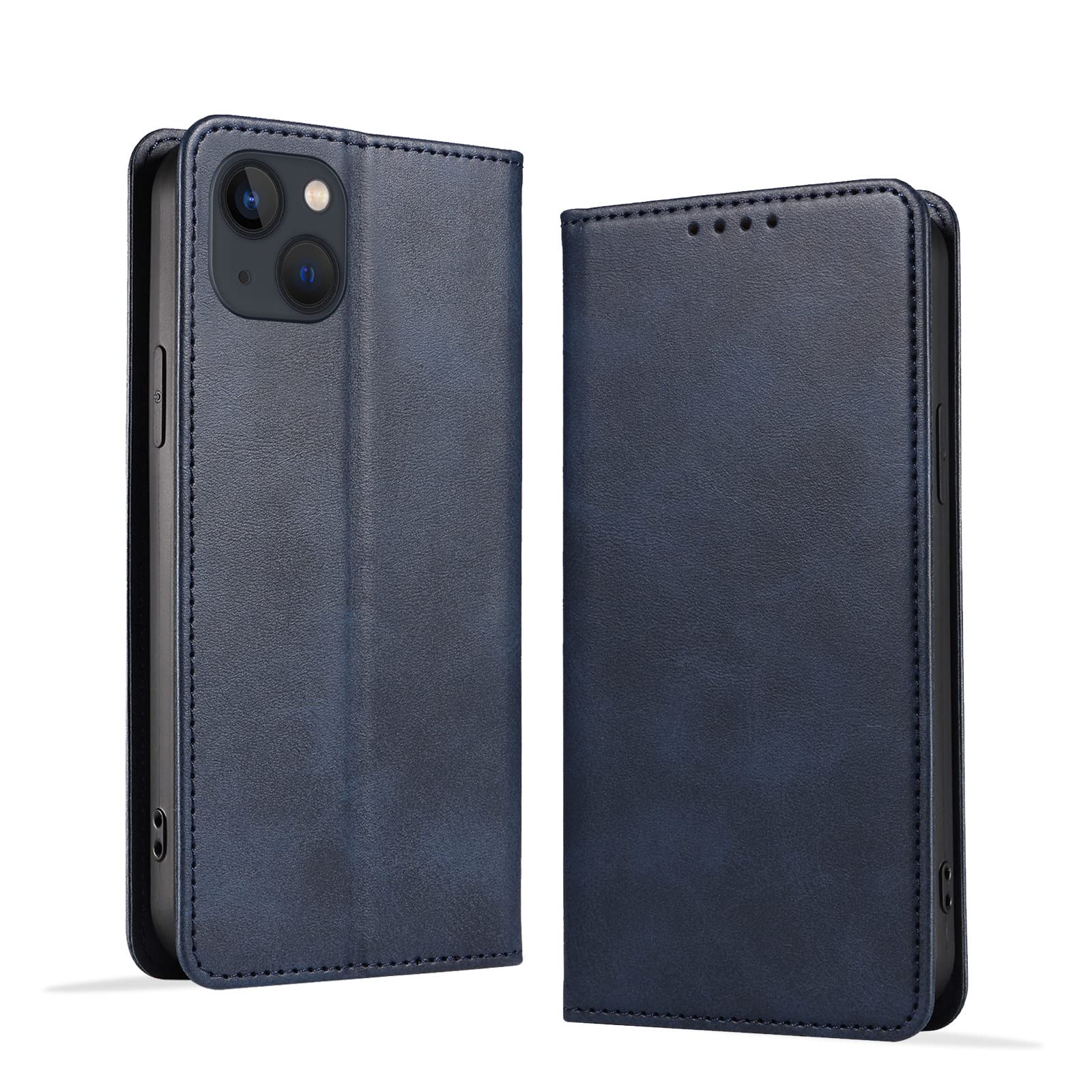 KWATUNG ケース 向けの iphone 14 ケース 手帳型 PUレザー 軽量 放熱性 ケース 手帳型 薄型 マグネット式 カード収納 スタンド機能 衝撃吸収 落ち着いた色 手帳型ケース おしゃれ 折りたたみ【ブルー】