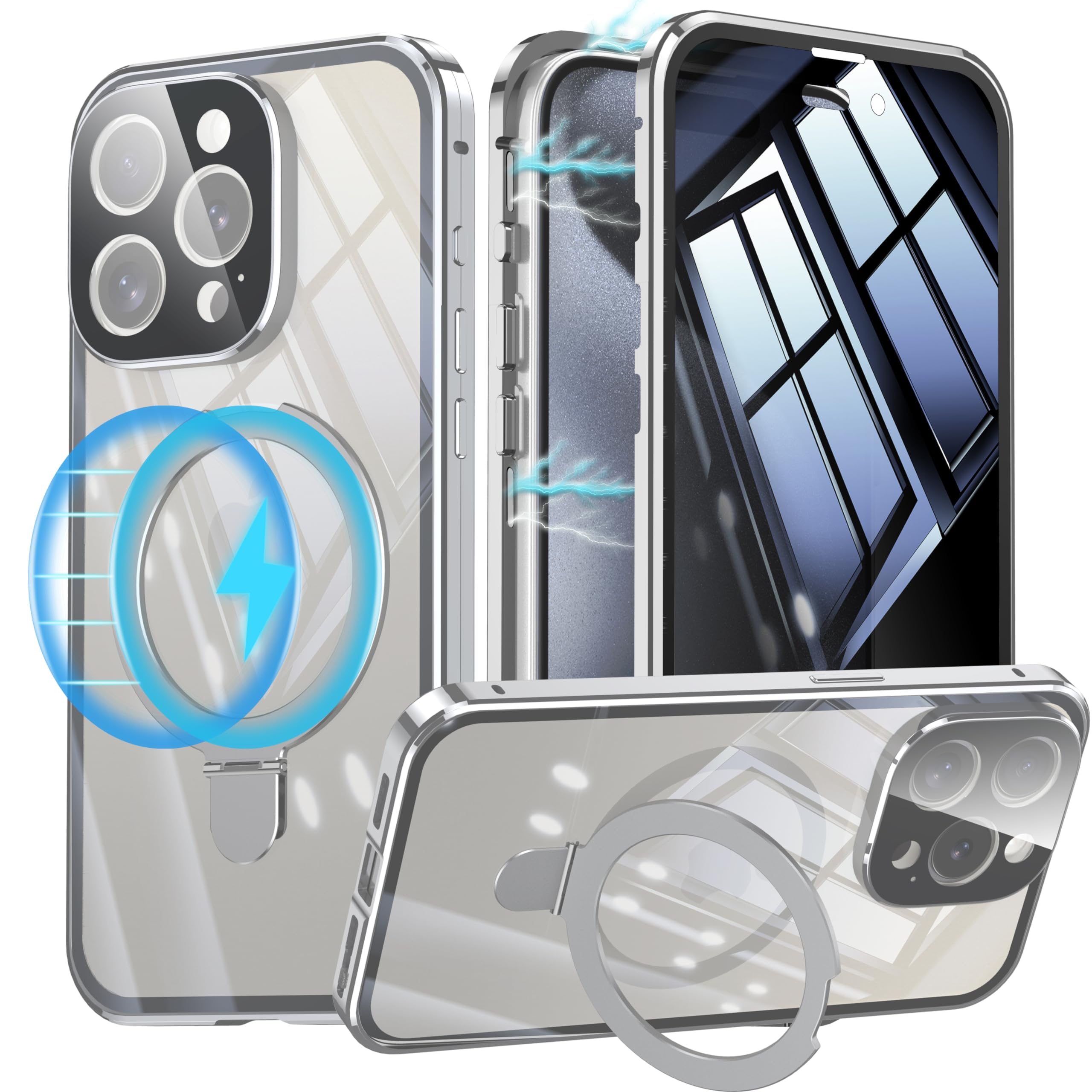 iPhone 15 用 ケース 両面 Magsafe対応 覗き見防止 アイフォン15 ガラスケース のぞき見 360°全面保護 Uovon スマホケース あいほん15 フルカバー 多機能一体スタンド カメラレンズ保護 ロック付き ・ シルバー