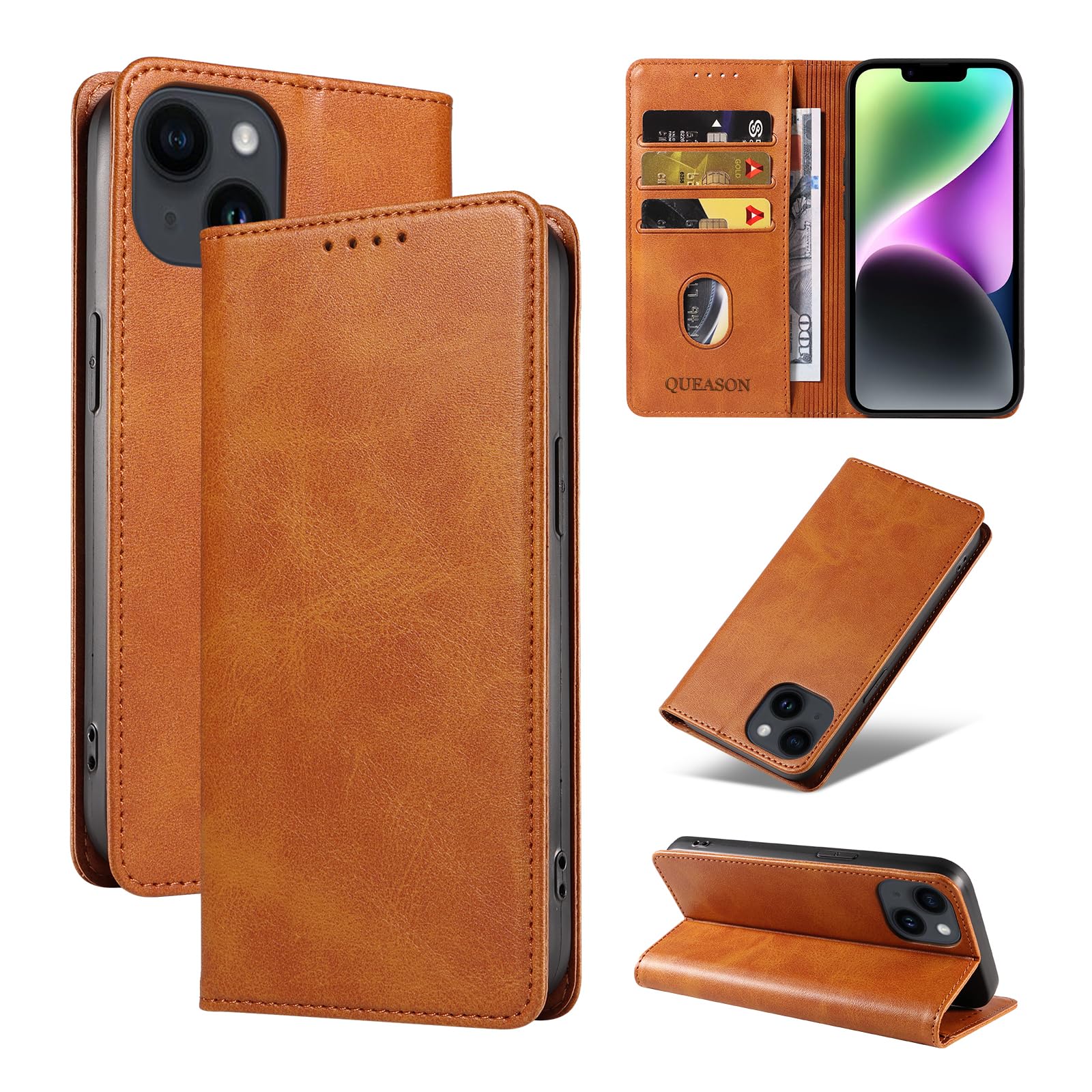 QUEASON 【iPhone 14 ケース 手帳型】スマホケース iphone14 ケース 携帯ケース いphone14 ケース 手帳型 スタンド機能 アイフォン14 ケース 手帳型 放熱ケース アイホン14ケース 手帳型 薄型ケース カード収納 おしゃれ 落下防止 マグネット式 耐衝撃 肌感レザー 肌触り良い 全面保護 防塵（カーキ）