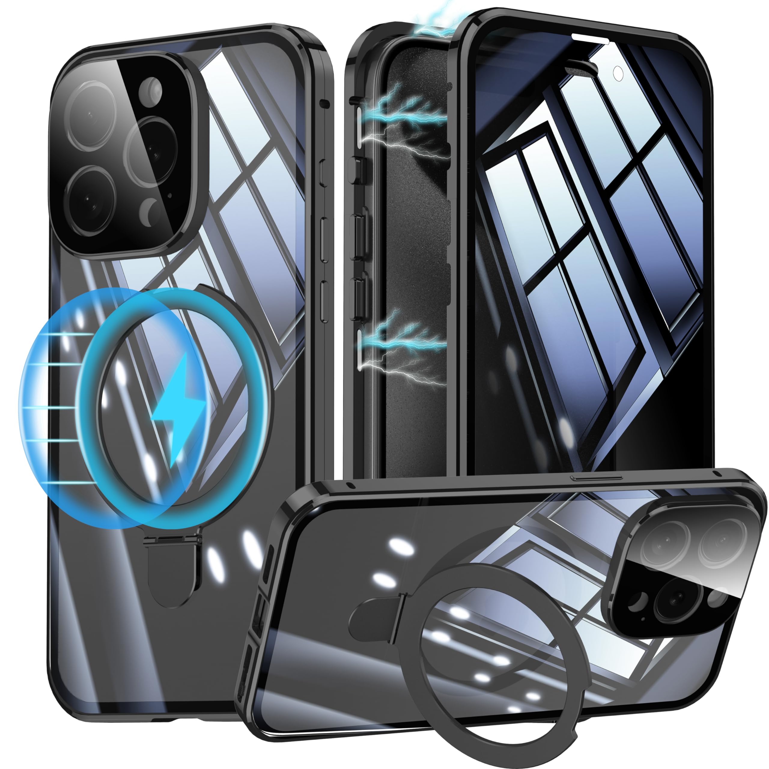 iPhone 14 Plus 用 ケース 両面 MagSafe対応 覗き見防止 アイフォン14プラス ガラスケース のぞき見 360°全面保護 Uovon スマホケース あいほん 14Plus フルカバー 多機能一体スタンド カメラレンズ保護 ロック付き ・ ブラック