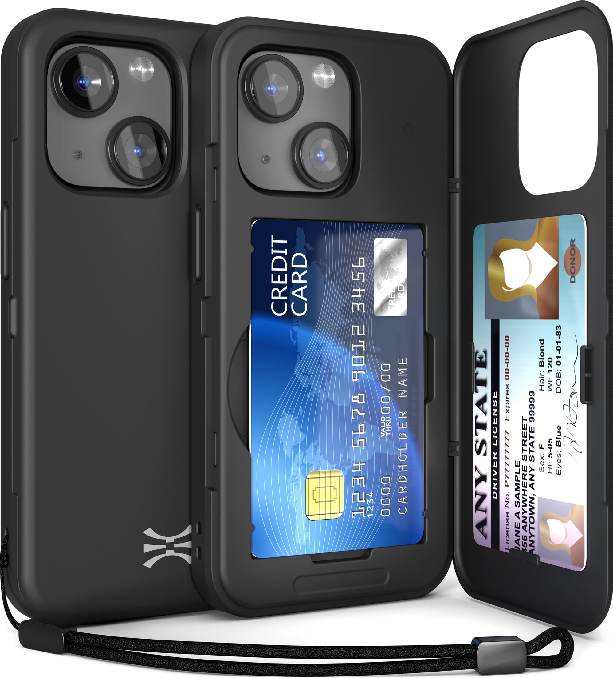 TORU CX SLIM の iPhone 15 用 ケース、二層保護カードホルダースロットウォレットバックカバー、ストラップとミラー付き - ブラック